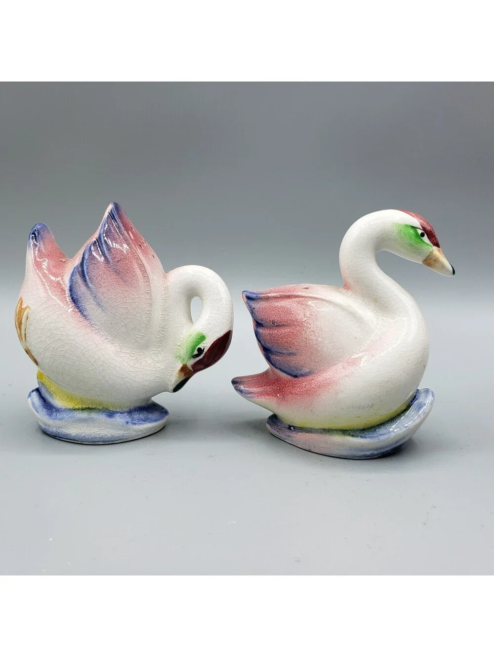 Vintage Japan Swan Salt and Pepper Shakers Ceramic Pink Blue White Birds